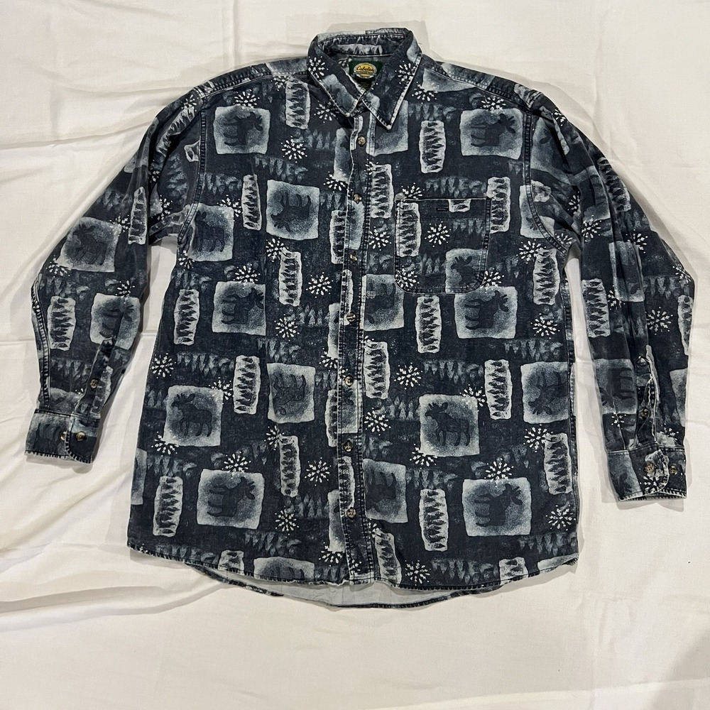 Cabelas Flannel Shirt Mens XL Reg Blue Button Up  Moose Snowflake Heavy Cotton
